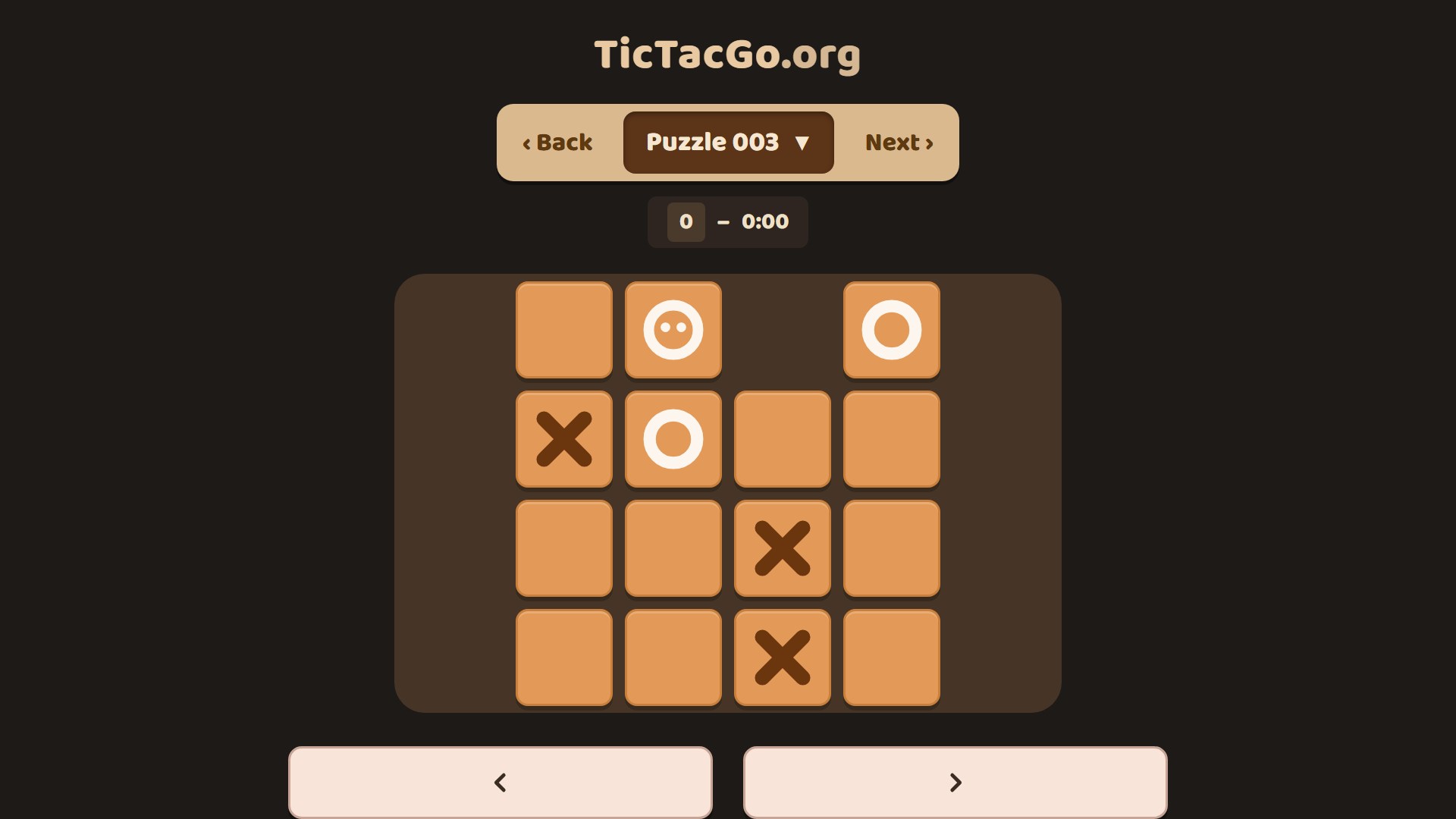 Tic-Tac-Go gameplay screenshot: X and O pieces on the tan puzzle board of the free online game