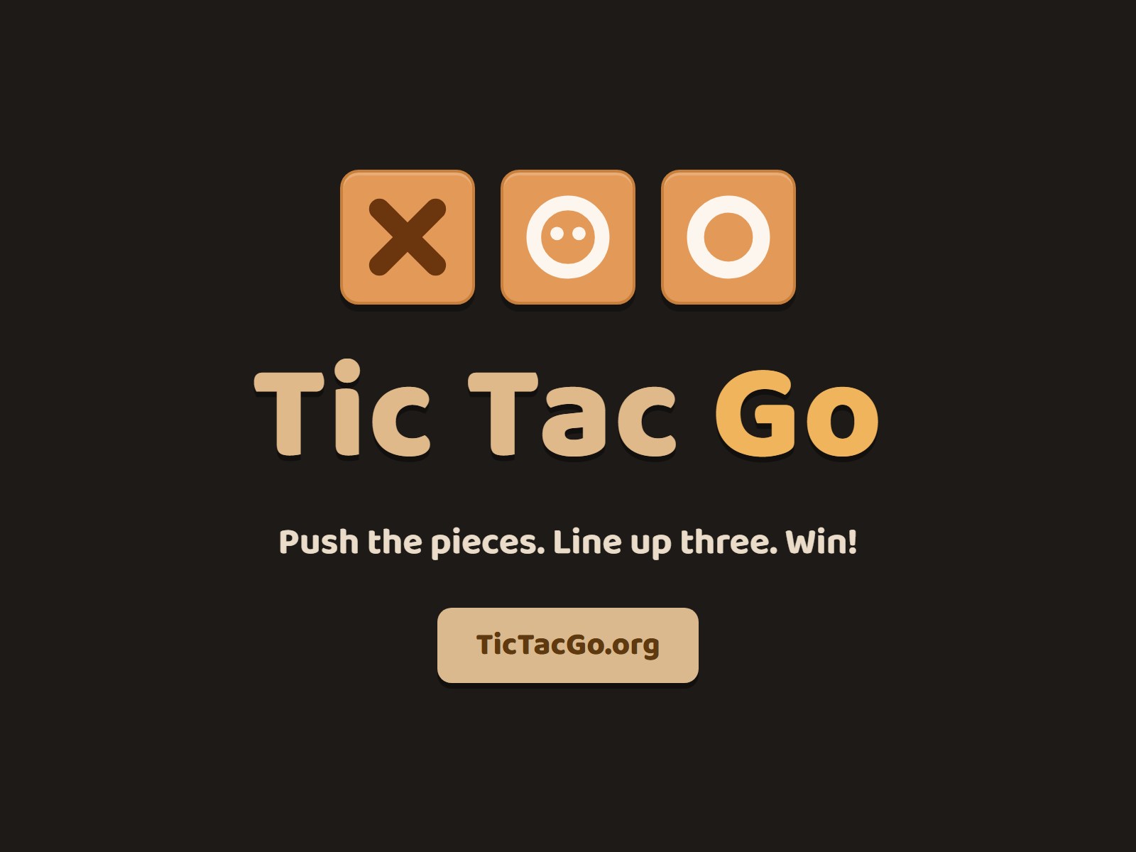 TicTacGo.org logo with X and O game tiles - push the pieces, line up three, win